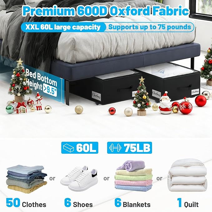 Under Bed Storage with Wheels, 2-Pack 10" Height XXL 60L Rolling Storage Bins, Quick Assembly Underbed Shoe Storage Containers with Clear Lid & Label, Dorm Under bed Drawers for Clothes, Shoes, Black