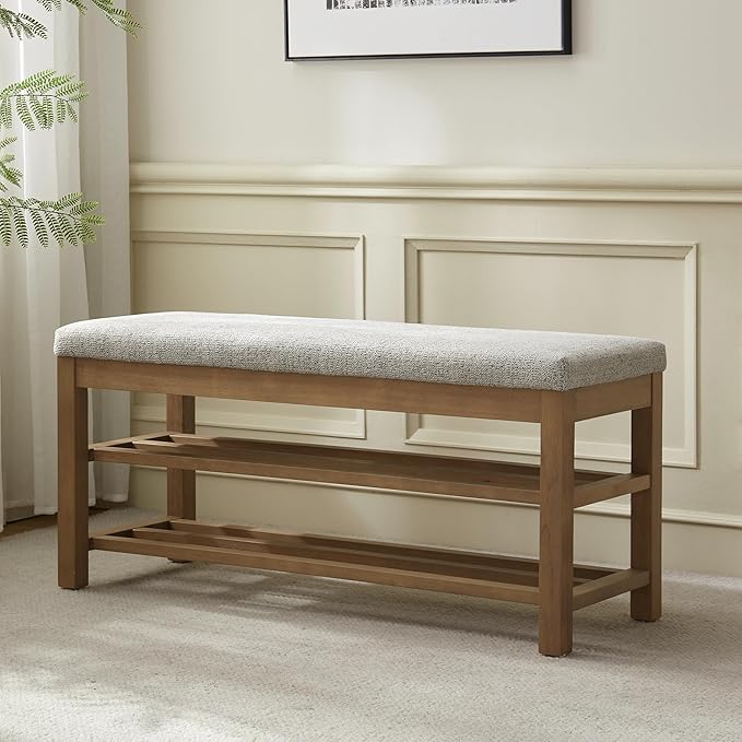 VKNOW Entryway Bench, 44.3” Upholstered Shoe Bench for Bedroom, 2-Tier Storage End of Bed Bench with Rubberwood Legs for Living Room, Hallway, Beige