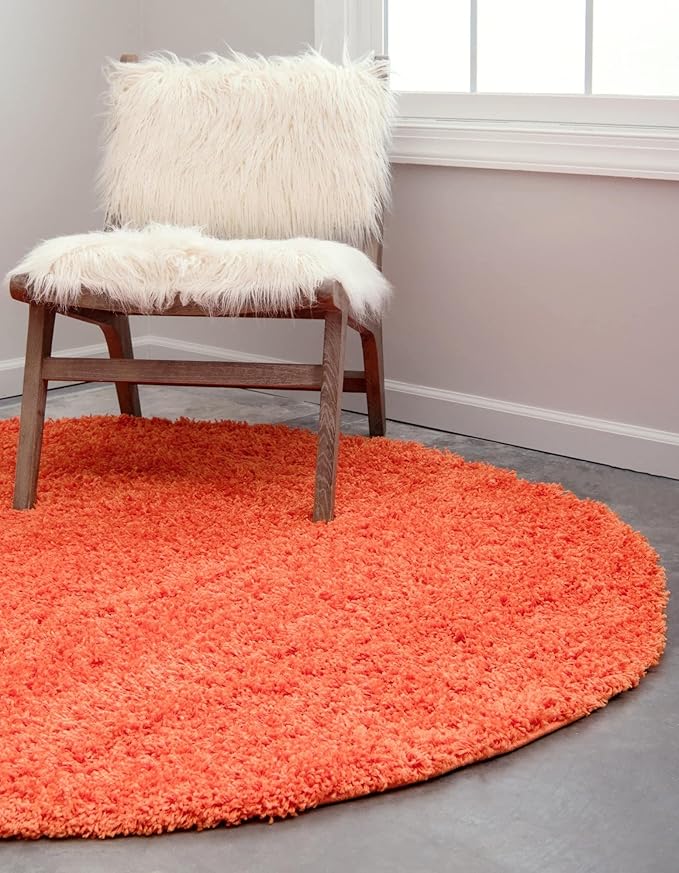 Unique Loom Solid Shag Collection Area Rug (4' 1" Round, Tiger Orange)