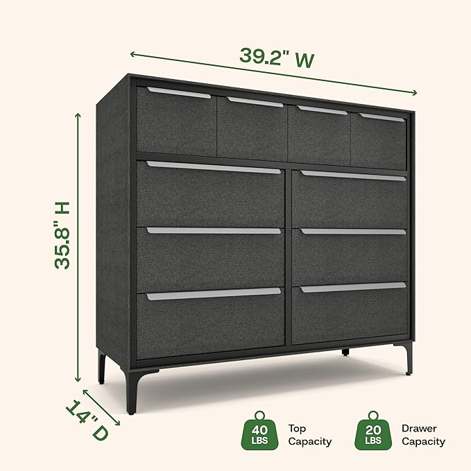 Naima Premium Fabric Dresser - Strong Metal Frame, 10 Spacious Sag-Proof Drawers with Sleek Metal Handles - Premium & Durable Storage Solution for Your Home (Charcoal)