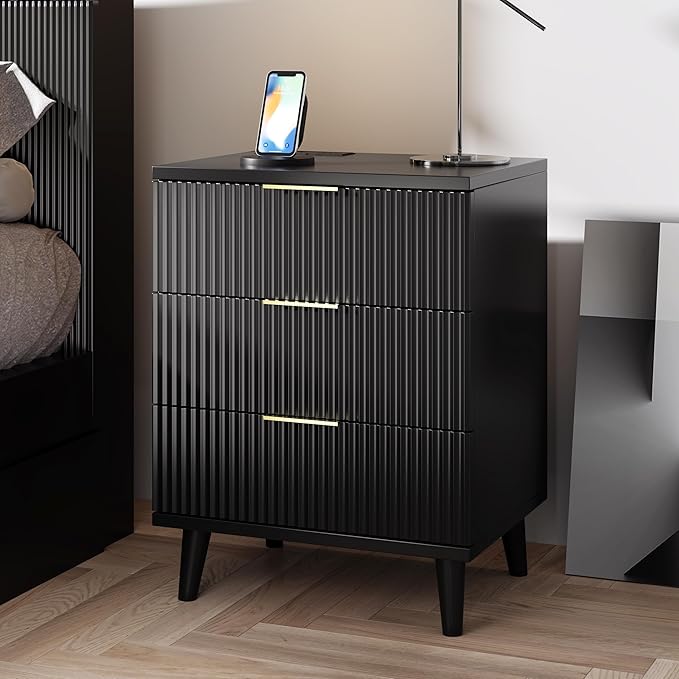 Fluted Night Stand Set of 2 with USB Charging Station, 3-Drawer Dresser Black Wood Modern Night Stand Bedside Table with Quiet Drawers & Large Storage End Table for Bedroom