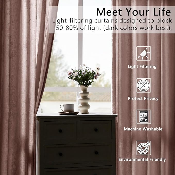 SMILETIME Pink Crushed Velvet Curtains 52x108inch Rod Pocket Luxurious Thermal Insulated Soundproof Drapes Soft and Durable Light-Filtering Window Treatments for Living Room Bedroom, 2 Panels