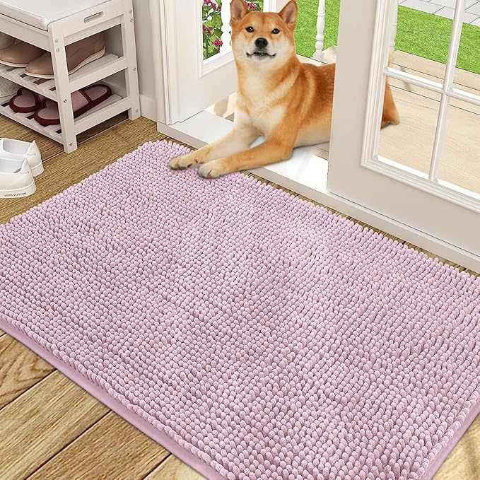 OLANLY Dog Door Mat for Muddy Paws 48x30, Absorbs Moisture and Dirt, Absorbent Non-Slip Washable Doormat, Quick Dry Chenille Mud Mat for Dogs, Entry Indoor Entryway Carpet for Inside Floor, Dusty Rose