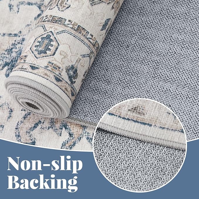 jinchan Lima Runner Rug 2x6 - Vintage Hallway Machine Washable Rug Floral Non Slip with Rubber Backing Ultra-Thin Carpet Runner for Kitchen Bedroom Laundry Room Farmhouse Entryway (2x6ft, Blue)