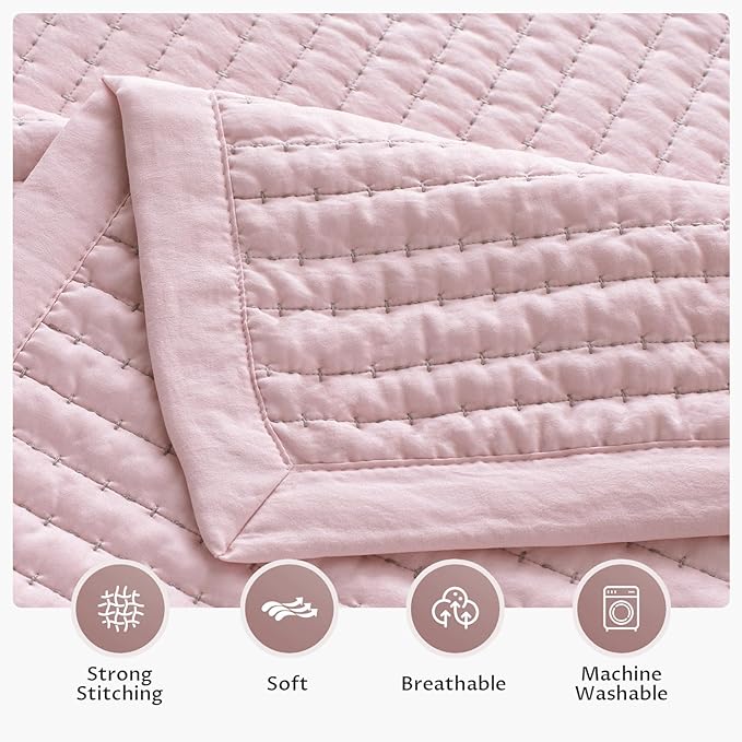 KASENTEX Oversized Queen Quilt Set 102"x106" – Soft Washed 3-Layer Lightweight Bedspread, Minimalist Nordic Design, All-Season Spring & Summer Quilt Set (1 Quilt + 2 Pillow Shams), Pink