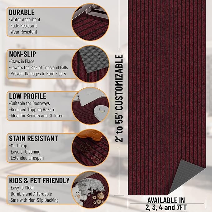 Ottomanson Mud Mat 2' x 2' Entryway Rug - Non-Slip Scraper Doormat for Muddy Paws, Dirt Trapping Indoor/Outdoor Mat for High-Traffic Areas, Kitchen, Garage, Patio, Red