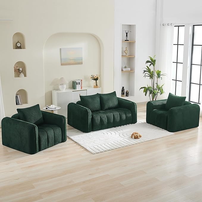 Corduroy Boneless Living Room Sets, Modern Upholstered Loveseat with 2 Signle Sofa Chairs, Comfy Deep Seat Cloud Sofa Couch Sets for Living Room, Green