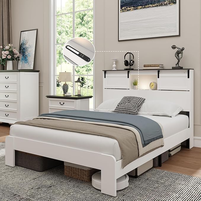 Queen Wood Bed Frame, Sliding Barn Door Storage Headboard with LED Lights and Charging Station, Farmhouse Wood Platform Bed with Metal Slat Supports, No Box Spring Required, Noiseless, White