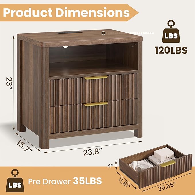 CypBed Night Stand with Charging Station, Bedside Tables with 2 Drawers & Storage Shelf, Wood Fluted Nightstand with Rounded Corner Design, Modern End Table for Bedroom, Easy Assembly