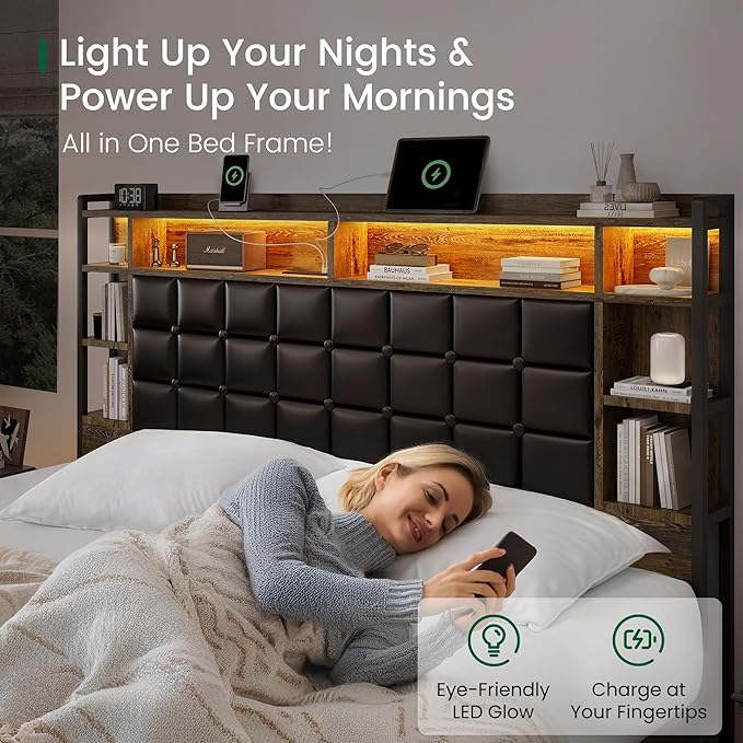 LARMACE King Size Bed Frame with 4 Storage Drawers and Bookcase Headboard, Faux Leather Upholstered, Wooden Platform Bed Frame with Charging Station and LED Lights, No Box Spring Needed, Brown