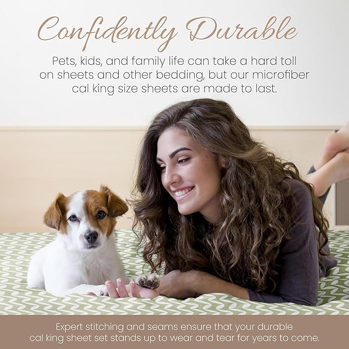 Linen Market Double-Brushed Patterned Microfiber California King Sheet Set 4 Piece – OEKO-TEX Certified Ultra Soft & Wrinkle-Free - 16" Deep Pocket Sheets Easy Care Cal-King Size - Puffed Chevron Sage