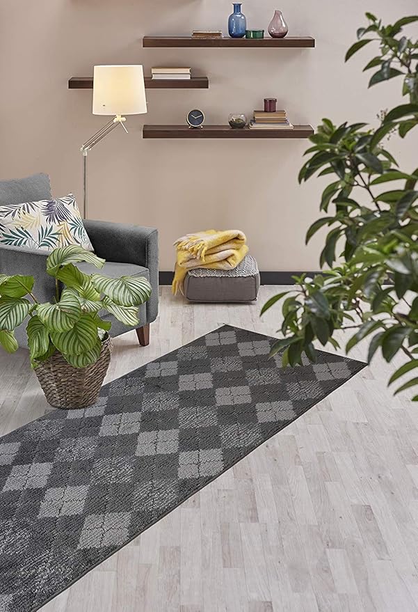 Custom Length Hallway Runner Rug,Slip Resistant,Squares Anthracite, 26 Inch X 7 feet, Sold and Priced Per Foot