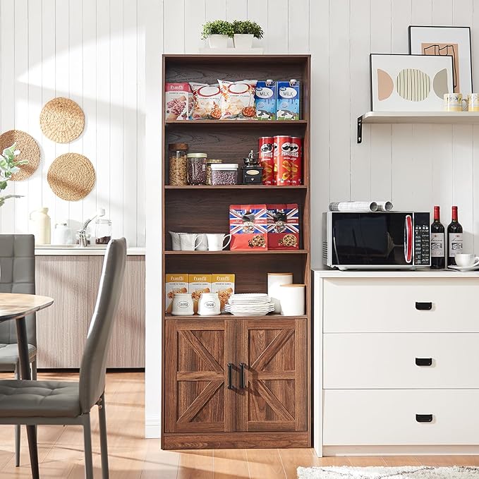 RWYHG 70in Tall Bookshelf 6 Tier Bookcase with Barn Doors and Adjustable Shelf, Brown Farmhouse Book Shelves with Storage Cabinet,Wood Floor Standing Display Bookshelve for Bedroom,Living Room,Kitchen