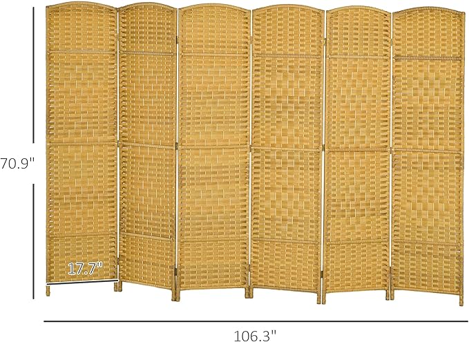 HOMCOM 6 Panel Room Divider, 6' Tall Folding Privacy Screen, Hand-Woven Freestanding Wall Partition for Home Office, Bedroom, Nature Wood