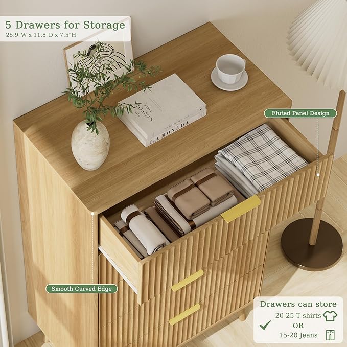 LYNSOM Fluted 5 Drawers Dresser, 45" Tall Modern Chest of Drawers with Curved Profile Design and Metal Handle, Wood Drawer Organizer for Bedroom, Living Room, Hallway, Entryway, Oak