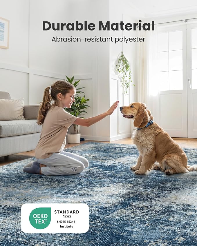 AMADA HOMEFURNISHING 8x10 Area Rugs for Living Room, Modern Washable Rug with Non-Slip Backing & Low Pile, Large Rug with Abstract Pattern for Bedroom, Dinning Room, Home Office, Navy Blue