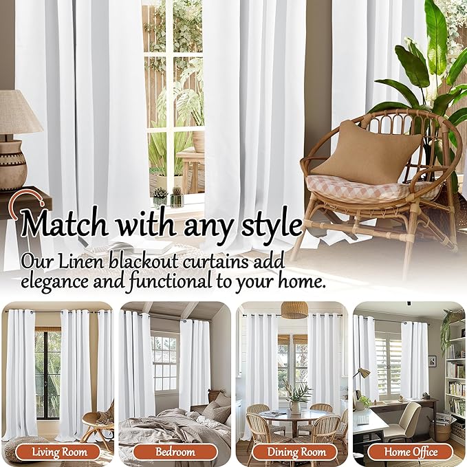 Blackout Curtains for Bedroom 72 Inch Length 2 Panels Set, Thermal Insulated 100% Black Out Privacy Soundproof Grommet Farmhouse Linen Window Curtains for Living Room Darkening, White, Each 52”Wide
