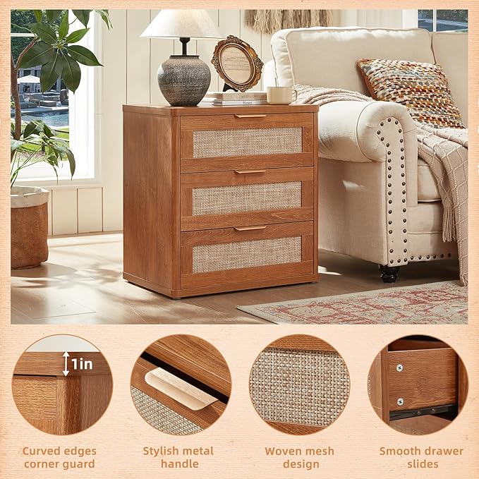 LEYAOYAO Rattan Night Stand Set of 2 with Drawers, 23" Large 3 Drawer Boho Nightstand, Natural Wood Bedside Table Storage Cabinet, Bed Side End Tables Dresser for Bedroom, Living Room, Hallway, Closet