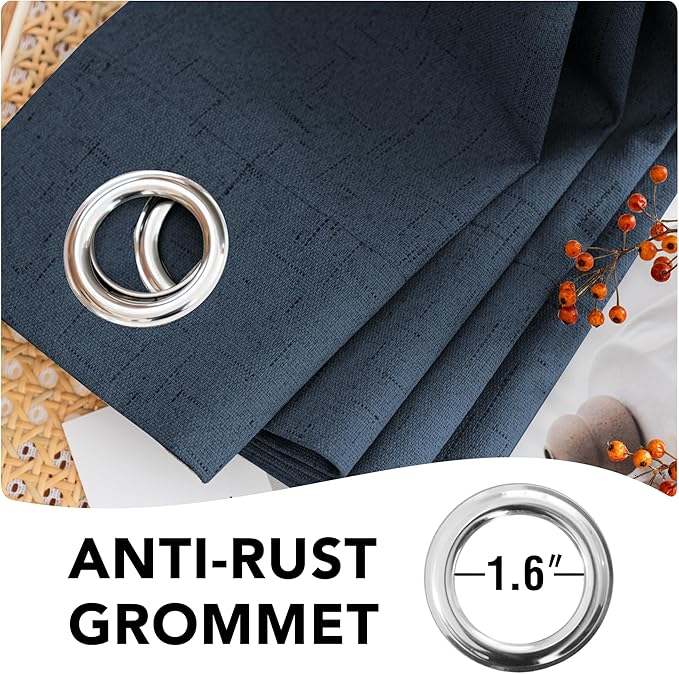 H.VERSAILTEX Linen Blackout Curtains Durable Thick Textured Linen Look 100% Blackout Patio Door Curtain Anti Rust Grommet Extra Wide Sliding Door Curtain Panel, W100 x L96 inch - Navy