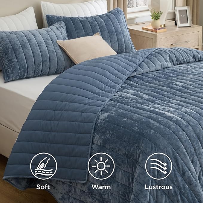 Bedsure Velvet Quilt Queen Size Set - Lightweight Velvet Comforter Queen, Luxury Bedspread Coverlet, Ultra-Soft Winter Bedding Set with 2 Pillow Shams, 90"x96", Blue