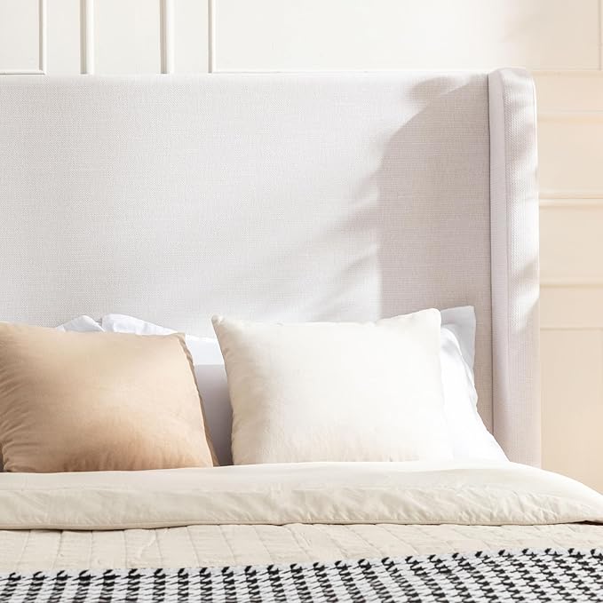 Harper Upholstered Bed with 54" Tall Headboard - Wingback Chenille Platform Bed Frame, Solid Wood Feet, Sturdy Metal Base, Easy Assembly (Textured Ivory, Queen (U.S. Standard))