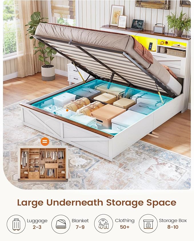 AOGLLATI Farmhouse Full Size Bed Frame with Lift Up Storage & Hidden Bookcase Storage Headbord, Wood Bed Frame Full with Charging Station, Led Lights, No Box Spring Needed, Antique White