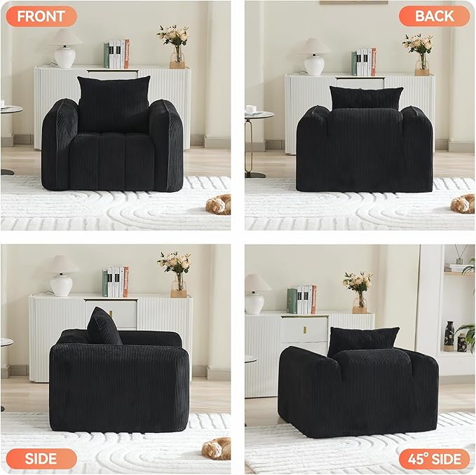 Oversized Boneless Accent Chair, Comfy Deep Seat Armchair for Bedroom, Modern Upholstered Living Room Sofa Chair with Pillow, No Assembly, Corduroy Black