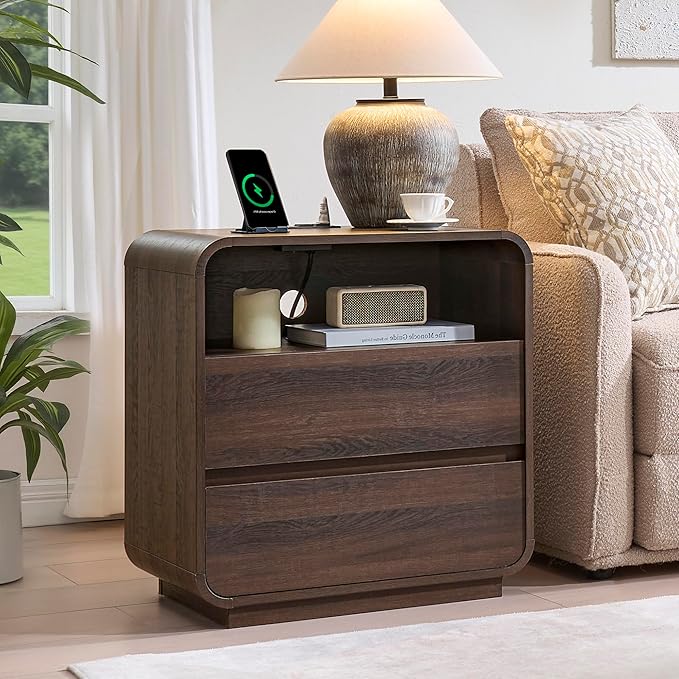 Farmhouse Night Stand, 25" Tall Wooden Nightstand with Charging Station, 2 Storage Drawers Bedside Table Curved Profile, Handleless, Large End Table Side Table for Bedroom, Office, Walnut