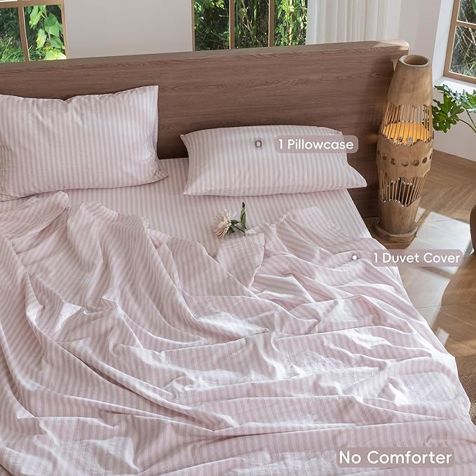 MooMee Striped Duvet Cover Set 100% Washed Cotton Linen Like Textured Breathable Durable Soft Comfy (Heathered Greyish Pink Classic Stripes, Twin 68"x90")