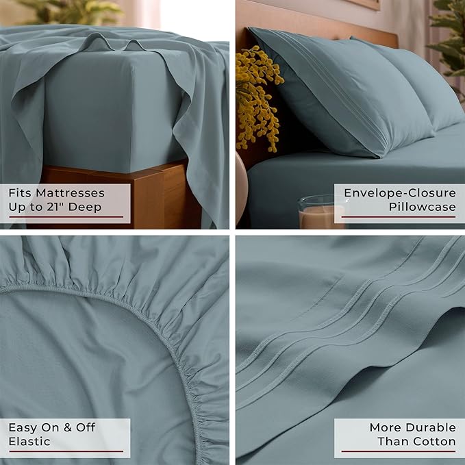 Mellanni Queen Sheet Set - 6-Piece Iconic Collection Bedding, (Including 4 Pillowcases), 21-Inch Extra Deep Pocket, Easy Care, Ultra Soft, Cooling Sheets, Brushed Microfiber - Spa Blue