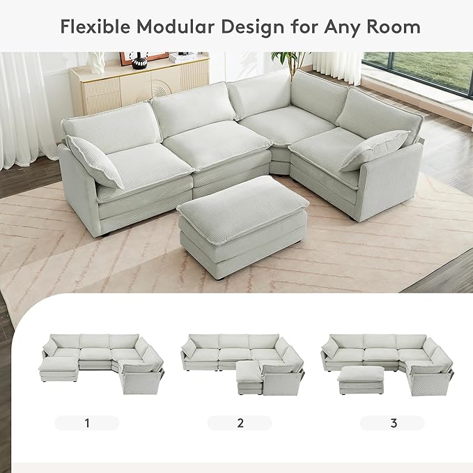 ROWHY 113'' Modular Sectional Cloud Corner Couch, 5 Seater L Shape Sofa Big Comfy Corduroy Oversized Couch with 2 Pillows Movable Ottoman, Deep Seat Sectional Couches for Living Room Office Light Grey
