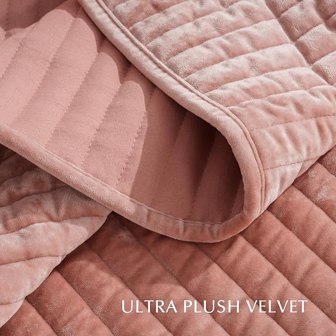 EVERGRACE Velvet Quilt Set Queen Size, Luxurious Soft Striped Channel Bedding Set, Lightweight Velvet Comforter for All Season, Oversized Bedspread Coverlet with 2 Matching Shams, Pink Clay