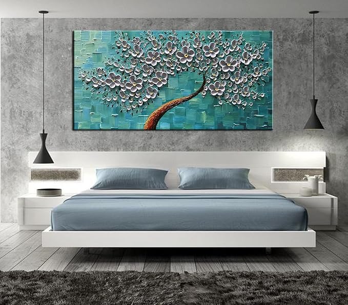 YaSheng Art- 3D Flowers Artwork Oil Painting On Canvas 100% Hand Painted Texture Silver Flowers Paintings Modern Canvas Wall Art Home Bedroom Living Room Office Wall Decor 24x48inch