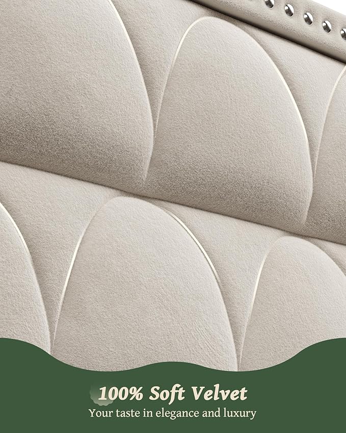 Queen Size Bed Frame with 56" Headboard - Velvet Upholstered Wingback Platform Bed Frame, Noise Free, Sturdy Wooden Slat Support (Cream, Queen)