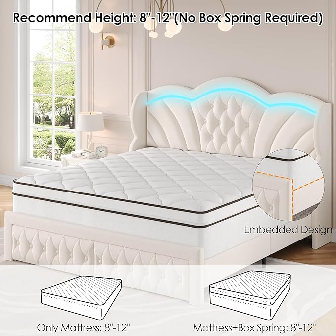 Keyluv Full Bed Frame Arc-Shaped LED Lights and 47.2" Height Wingback Bed, Button Tufted Headboard and Footboard with Storage Drawer, Velvet Upholstered Platform Bed Frame No Box Spring Needed, Beige