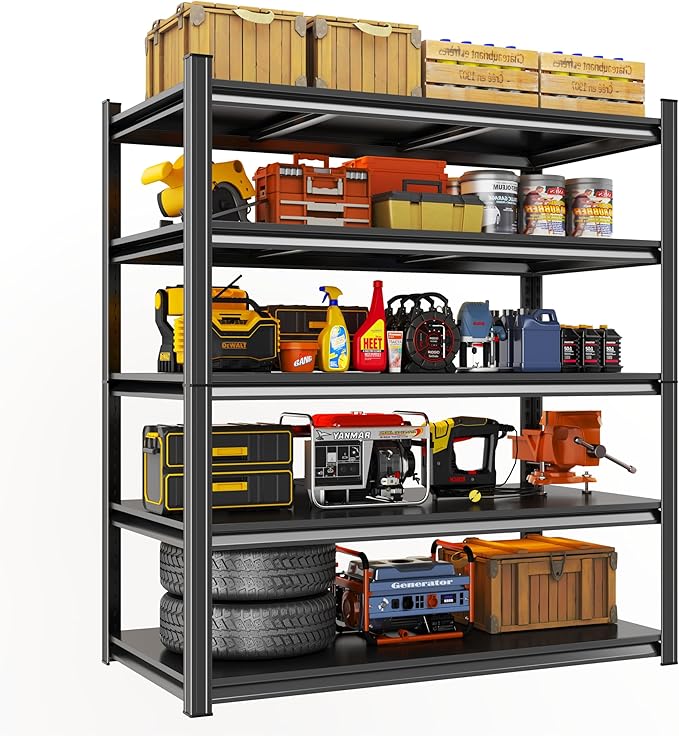 Metal Garage Shelving Unit, Heavy Duty 5-Tier Adjustable Storage Rack, Steel Shelving, 3020 lbs Capacity, Industrial Shelves for Heavy Tools and Equipment, Ideal for Garage, Basement, Black, 72"