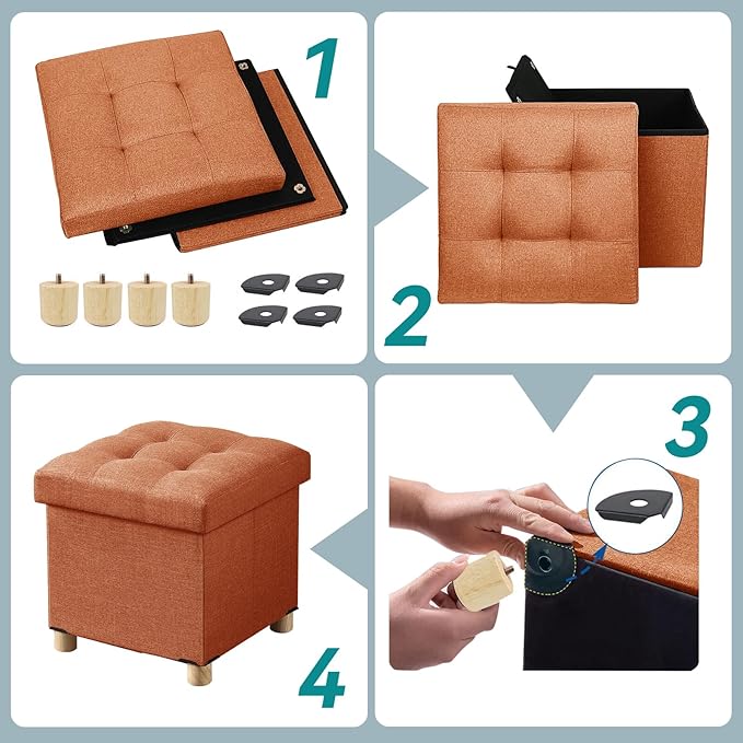 BRIAN & DANY Ottoman with Storage, Small Storage Ottoman for Dorm, Linen Folding Ottoman Foot Stool with Legs for Living Room and Bedroom, 15"x15"x15" - Orange