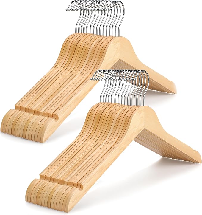 TOPIA HANGER Wooden Hangers 30 Pack, 0.28-inch Slim & Durable Clothes Hangers Space Saving, Natural Wood Hanger with 360°Swivel Hook and Non-Slip Shoulder Notches for Coat,Shirt, Camisole, Dress-CT51N