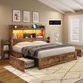 AMERLIFE Full Bed Frame with 4 Storage Drawer, LED Bed Frame with 49.6" Tall Bookcase Headboard, Wood Platform Bed with Charging Station & 2 Slide Bedside Shelf, No Box Spring Needed/Rustic Brown