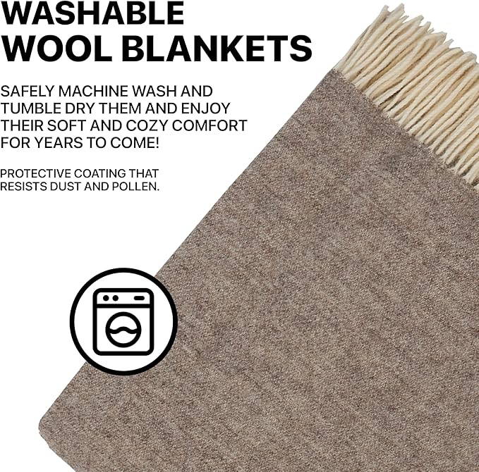 | Wool Blanket/Throw | 100% New Zealand Wool | Perfect for Home and Outdoors | Virgin Wool Throw with Fringes 75"x87" (190 x 220 cm)