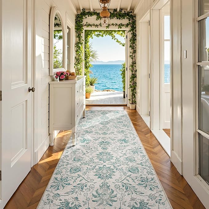 jinchan Torino Runner Rugs 3x10 Vintage-Inspired Floral Design Machine Washable Non-Slip Ultra-Thin Low-Pile Rubber Backing Traditional Rug for Kitchen Hallway Laundry Room Entryway Turquoise