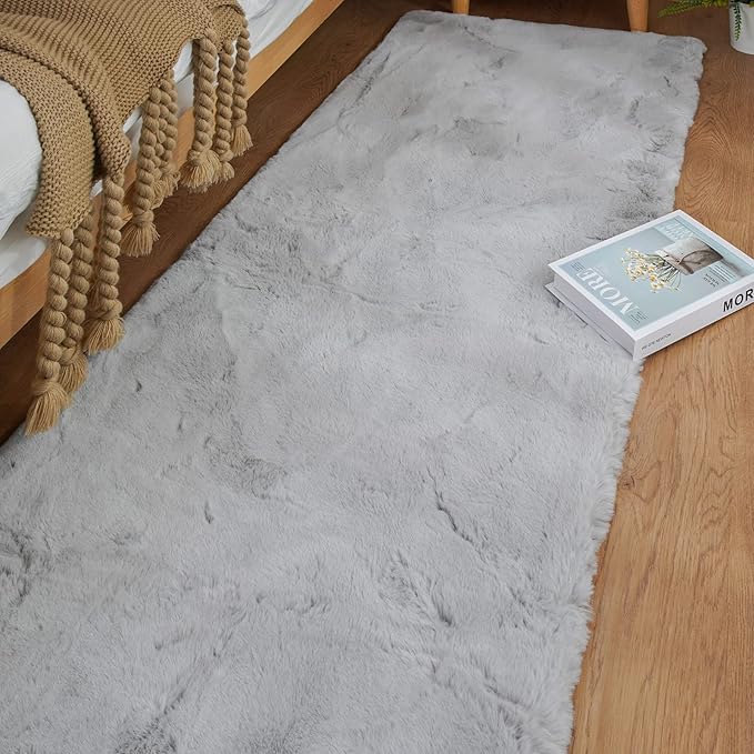 Fuzzy Grey Fluffy Washable Runner Rugs for Hallway 2x10 Plush Faux Rabbit Furry Fur Rugs for Bedroom Living Room Home Décor