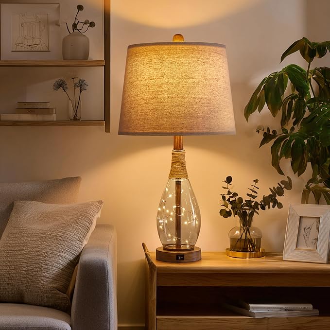OYEARS Wood-Like Bedside Table Lamps Set of 2 with USB, Farmhouse Nightstand Lamps for Bedroom, Retro Rattan Table Lamps for Night Stands, Living Room, Boho Table Lamp with Glass Nightlight
