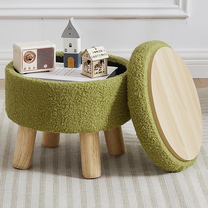 FIMIVIBI Small Foot Stool Ottoman with Storage, Sherpa Ottoman Foot Rest for Couch, Round Footstool with Storage, Small Ottomans and Footstools for Living Room and Entryway (Bright Green)