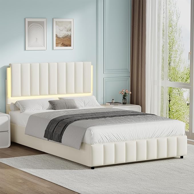 Full Size Bed Frame with LED Lights, Faux Leather Upholstered Platform Bed with Headboard and Wooden Slats Support, No Box Spring Needed, Noise-Free, Easy Assembly, Cream
