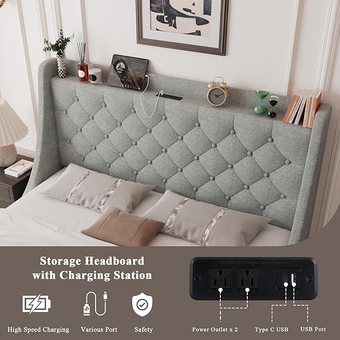 Feonase Upholstered Full Size Bed Frame with 4 Storage Drawers, Charging Station and Tufted Wingback Storage Headboard, No Box Spring Needed, Easy Assembly, Light Grey
