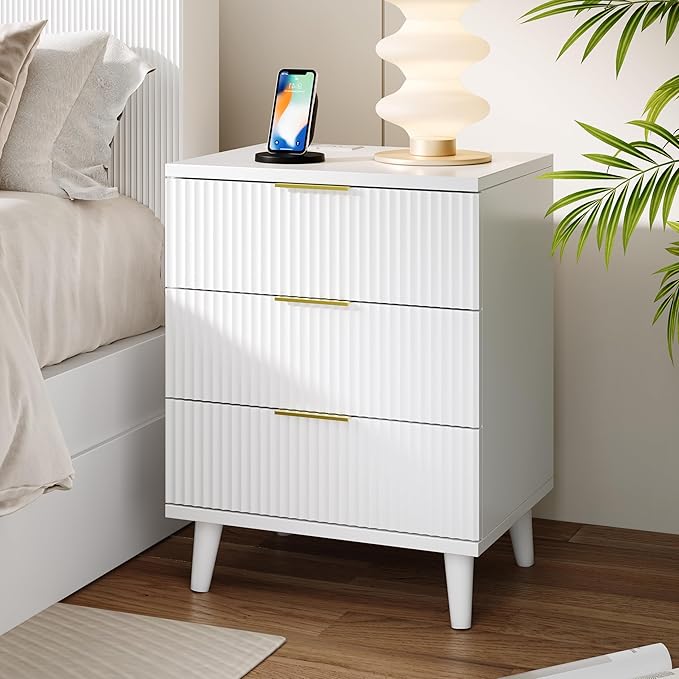 Fluted White Night Stand Set of 2 with USB Charging Station, 3-Drawer Dresser Wood Modern Bedside Table with Quiet Drawers & Large Storage End Table for Bedroom