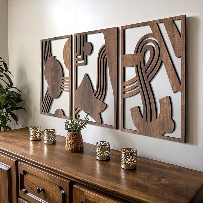 qmmp Modern Wooden Wall Sculptures - Set of 3 - Home Decor Accent - Large Wall Art for Living Room, Bedroom, Office - Easy Installation (Walnut, Large - Abstract Shapes)
