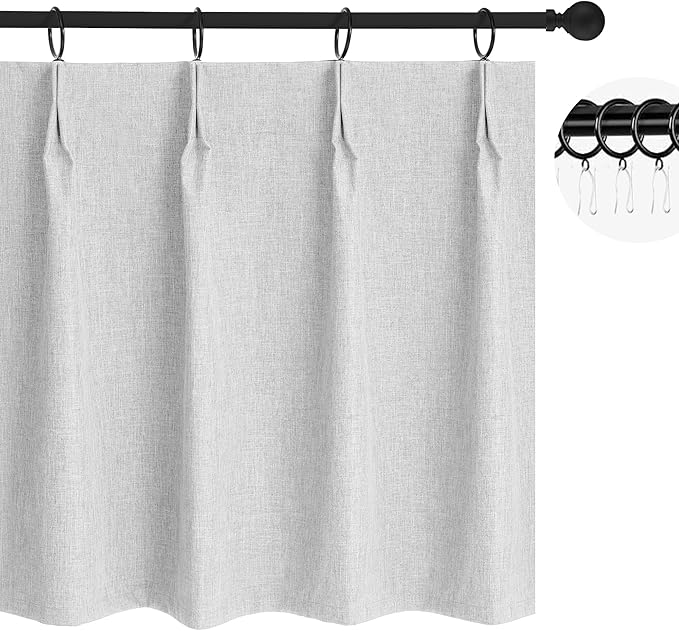 WdFour 24x18 Inch Pinch Pleated Blackout Cafe Curtains - Pack of 2, 100% Light Blocking Back Tab Drapes for Half Windows, Kitchen & Bathroom Short Curtains(Greyish White