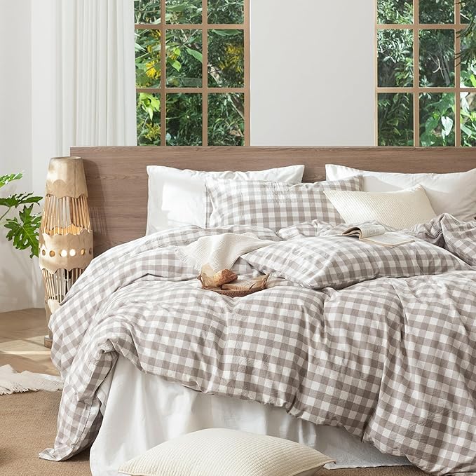 MooMee Gingham Duvet Cover Set 100% Washed Cotton Linen Like Textured Breathable Durable Soft Comfy Modern Checkered Design (Buffalo Plaid Tannish Linen Grey, Full 80"x90")